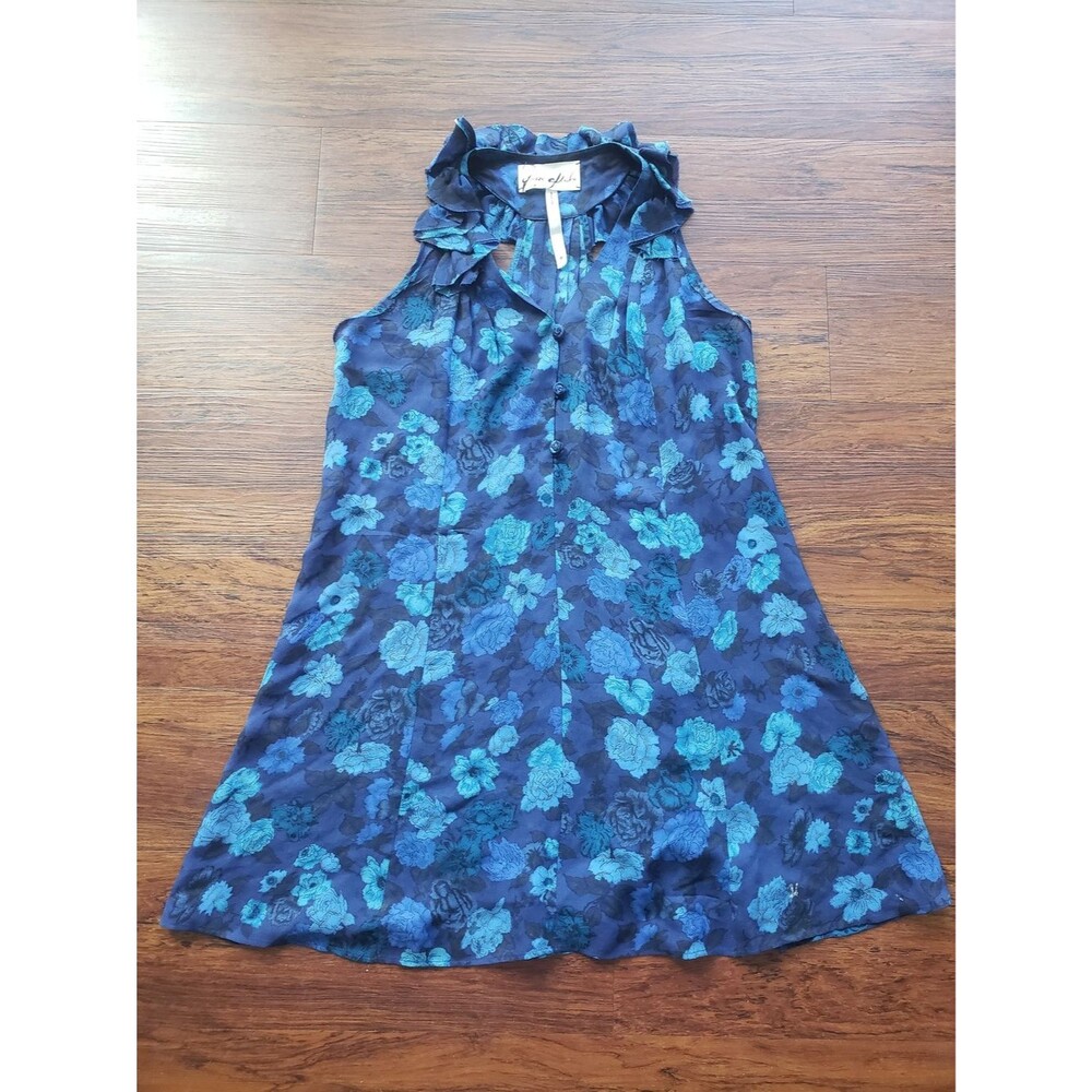 Yaya Aflalo Blue Floral 100% Silk Dress Size P Ruffle Dainty Romantic Y2K Vtg